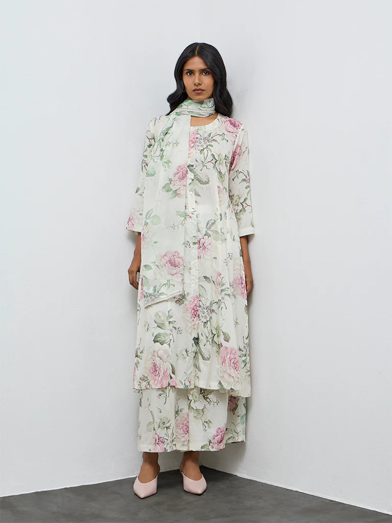 Zuba Off-White Floral Dupatta - Image 2