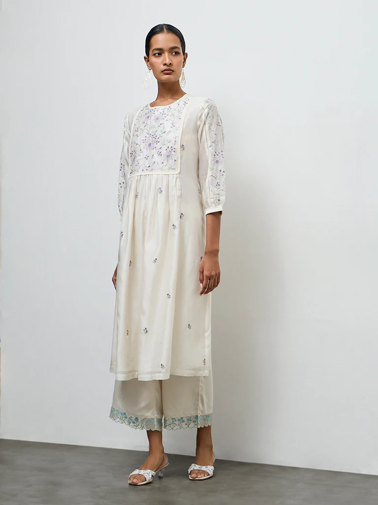 Zuba Off-White Floral Embroidered Cotton-Blend A-Line Kurta - Image 2