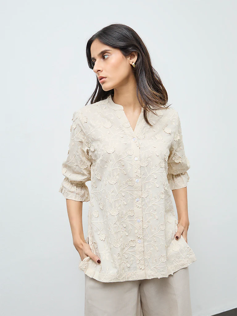 Zuba Off-White Floral Embroidered Tunic