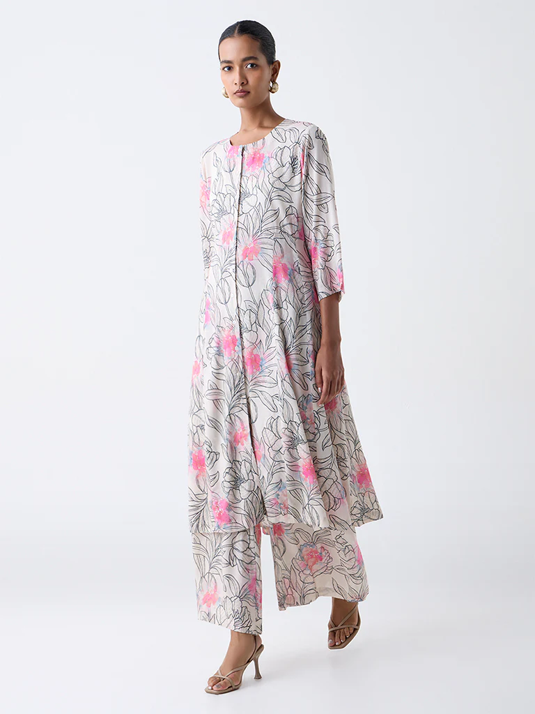 Zuba Off-White Floral Pattern A-Line Kurta - Image 2