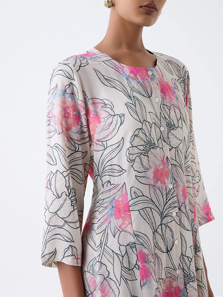 Zuba Off-White Floral Pattern A-Line Kurta - Image 3