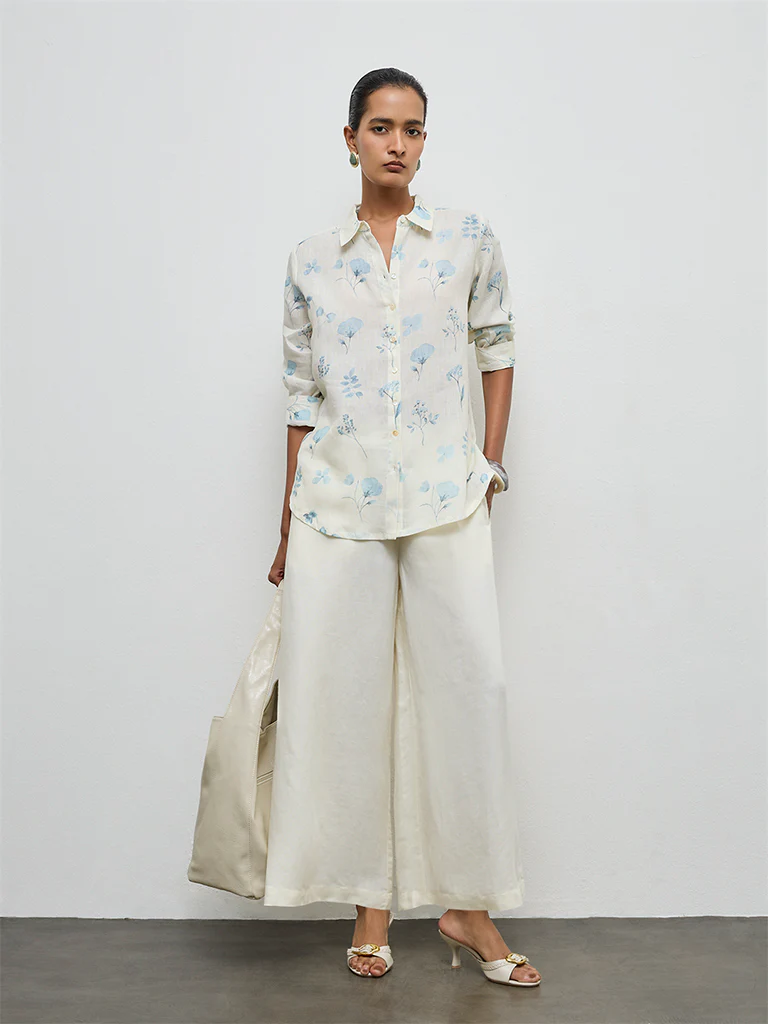 Zuba Off-White Floral Pattern Linen Tunic - Image 2
