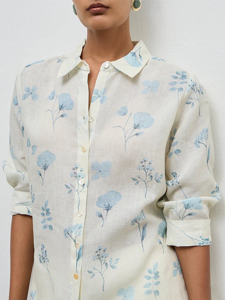 Zuba Off-White Floral Pattern Linen Tunic - Image 3