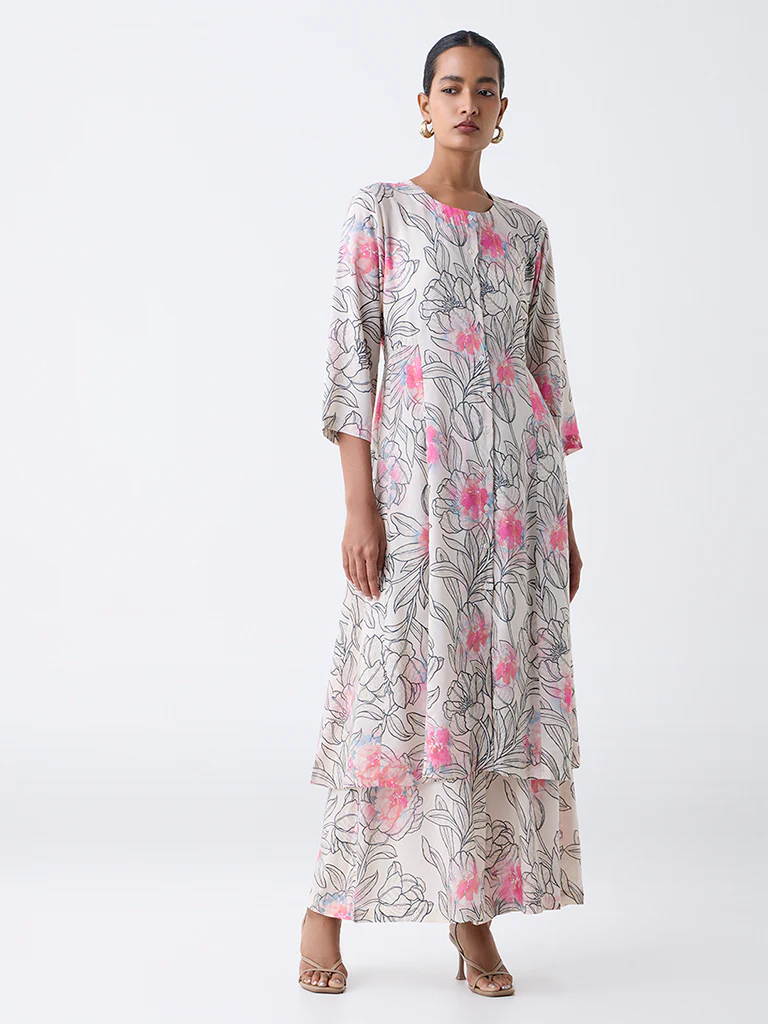 Zuba Off-White Floral Pattern Pants - Image 2