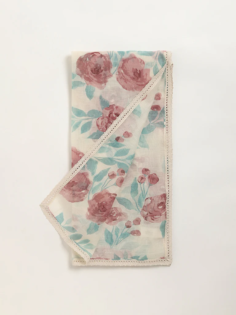 Zuba Off-White Floral Print Cotton-Blend Dupatta