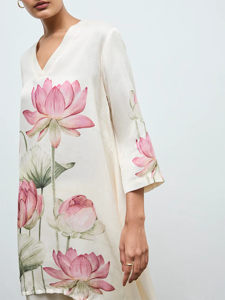 Zuba Off-White Floral Printed A-Line Kurta - Image 3