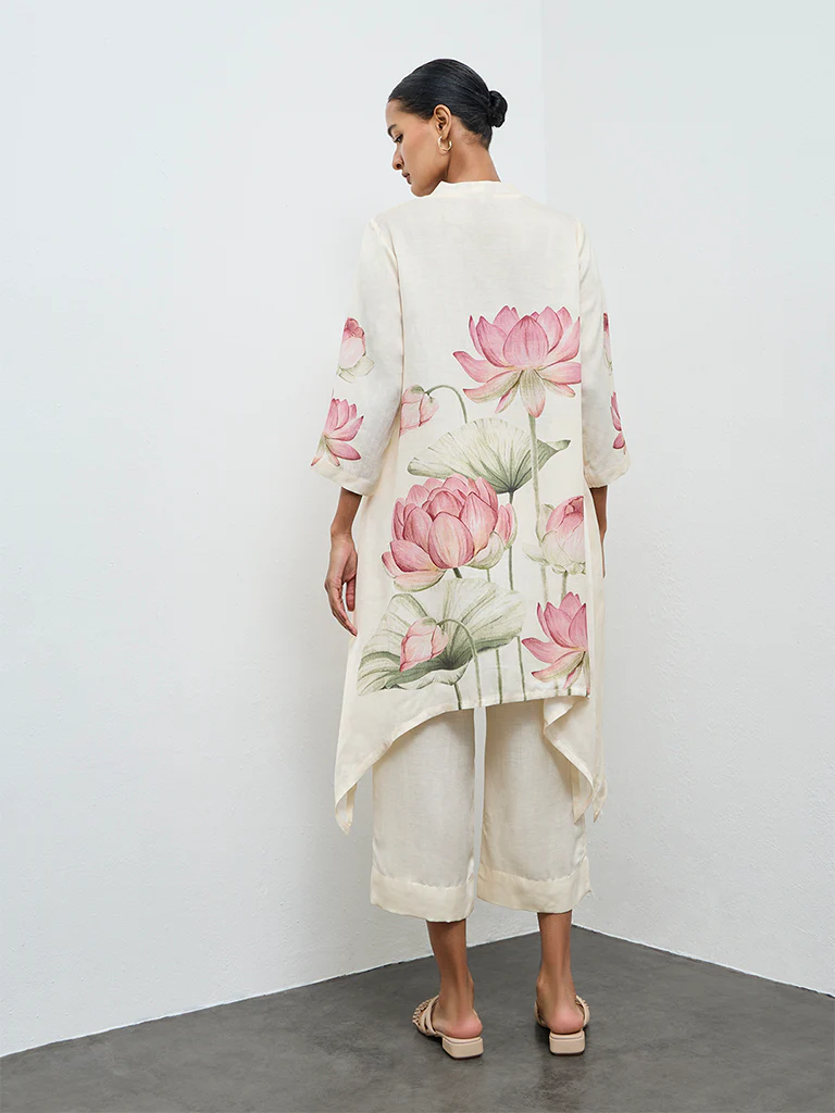 Zuba Off-White Floral Printed A-Line Kurta - Image 4