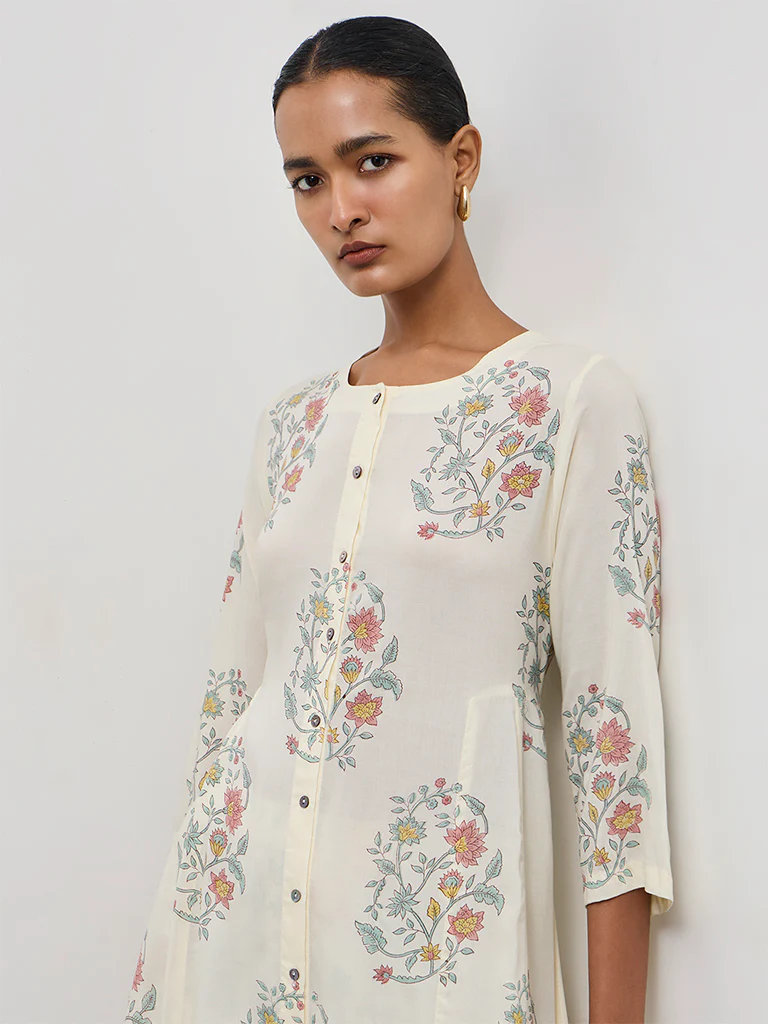 Zuba Off-White Floral Printed Cotton A-Line Kurta - Image 3