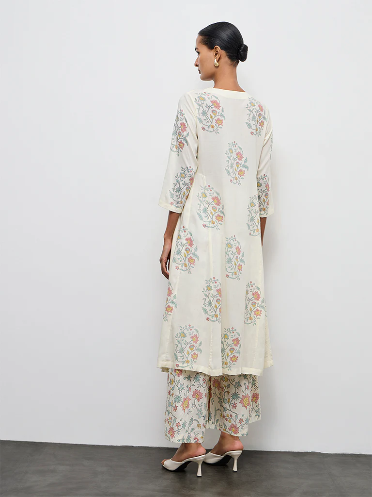 Zuba Off-White Floral Printed Cotton A-Line Kurta - Image 4