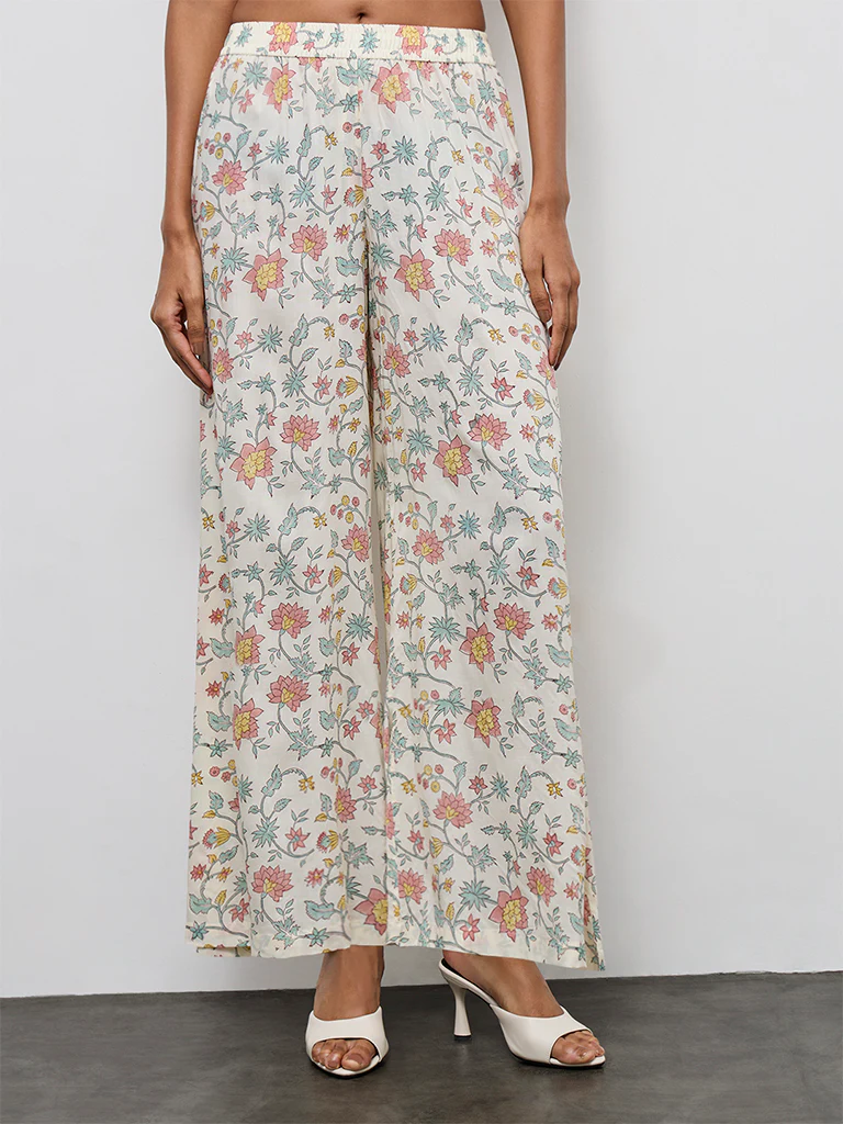 Zuba Off-White Floral Printed Cotton Pants
