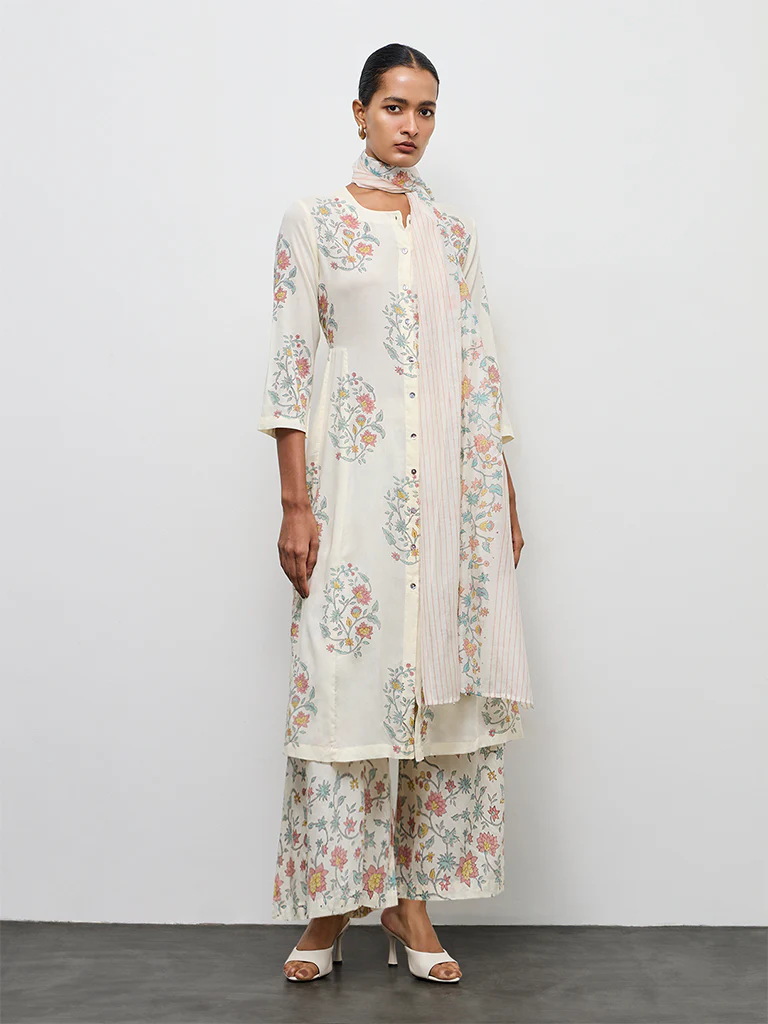 Zuba Off-White Floral Printed Cotton Pants - Image 2