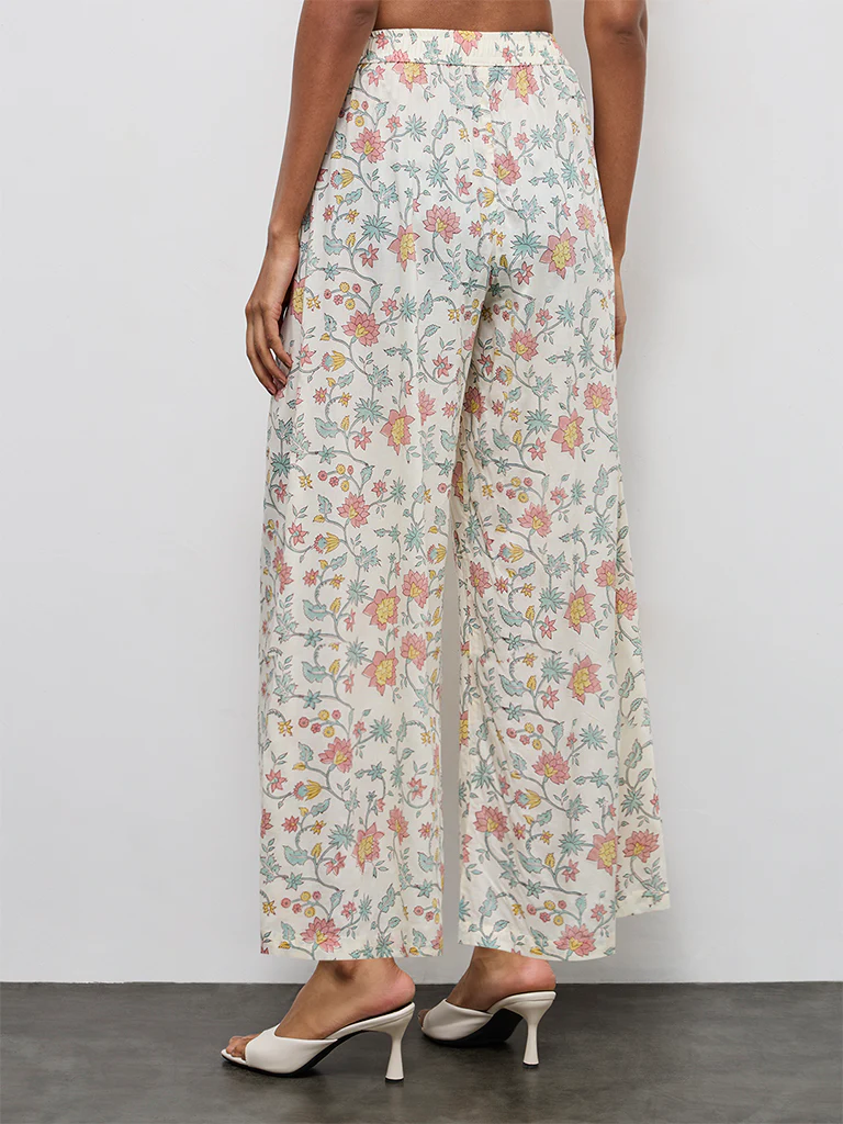 Zuba Off-White Floral Printed Cotton Pants - Image 4
