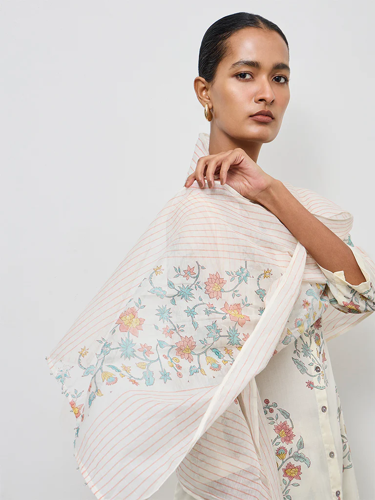 Zuba Off-White Printed Cotton Dupatta