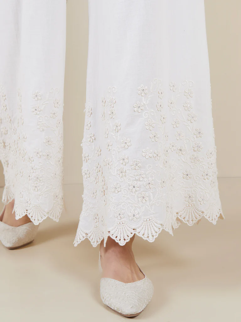 Zuba Off-White Pure Cotton Floral Palazzos - Image 3