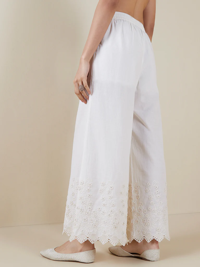 Zuba Off-White Pure Cotton Floral Palazzos - Image 4