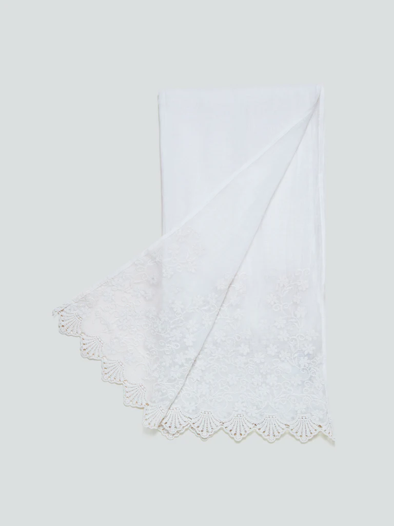 Zuba Off-White Silk Blend Embroidered Cotton-Blend Stole