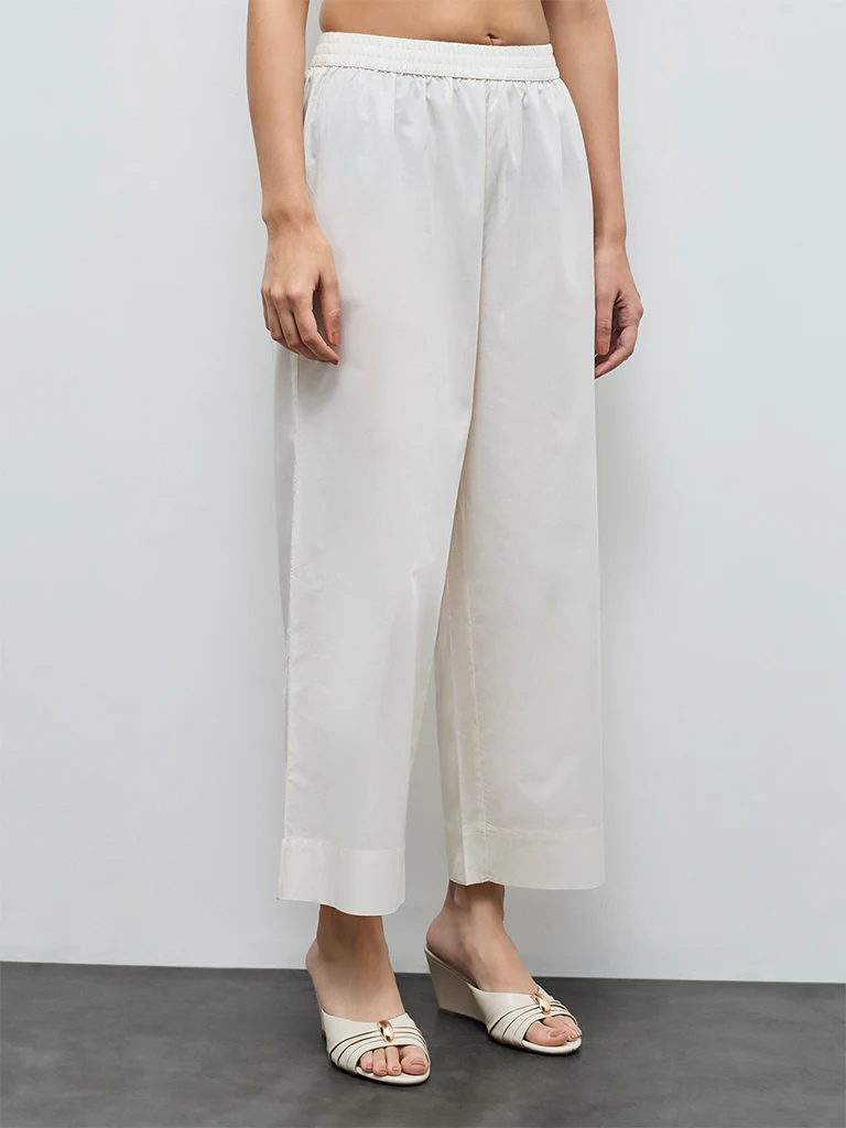 Zuba Off-White Solid Cotton Palazzos