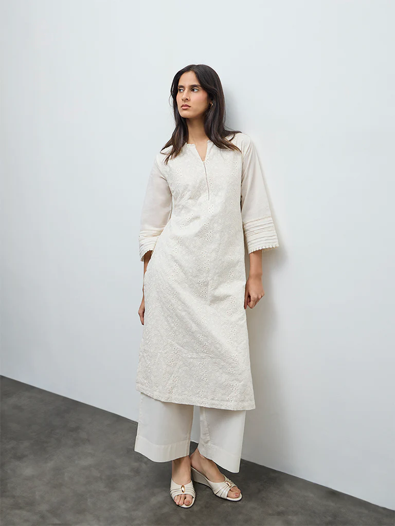 Zuba Off-White Solid Cotton Palazzos - Image 2