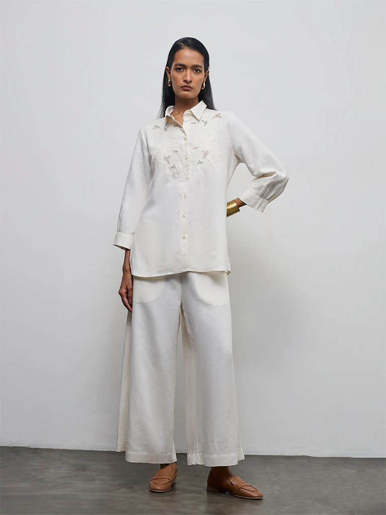 Zuba Off-White Solid Palazzos