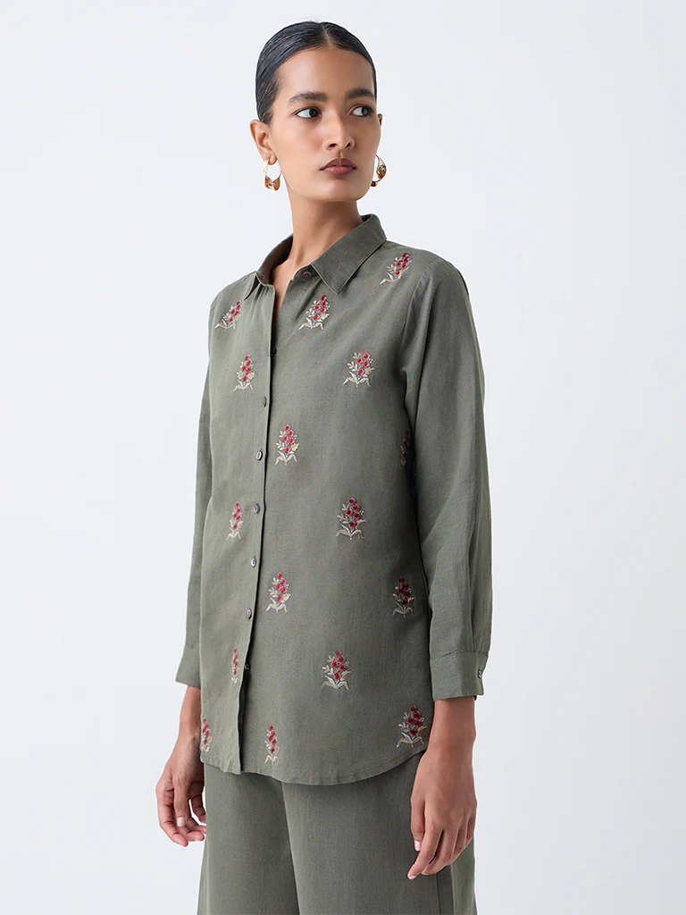 Zuba Olive Floral Embroidered Linen-Blend Tunic