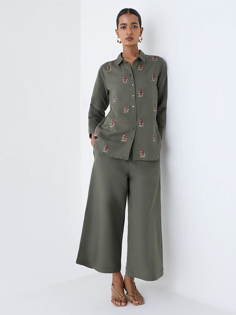 Zuba Olive Floral Embroidered Linen-Blend Tunic - Image 2