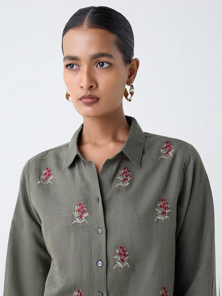 Zuba Olive Floral Embroidered Linen-Blend Tunic - Image 3