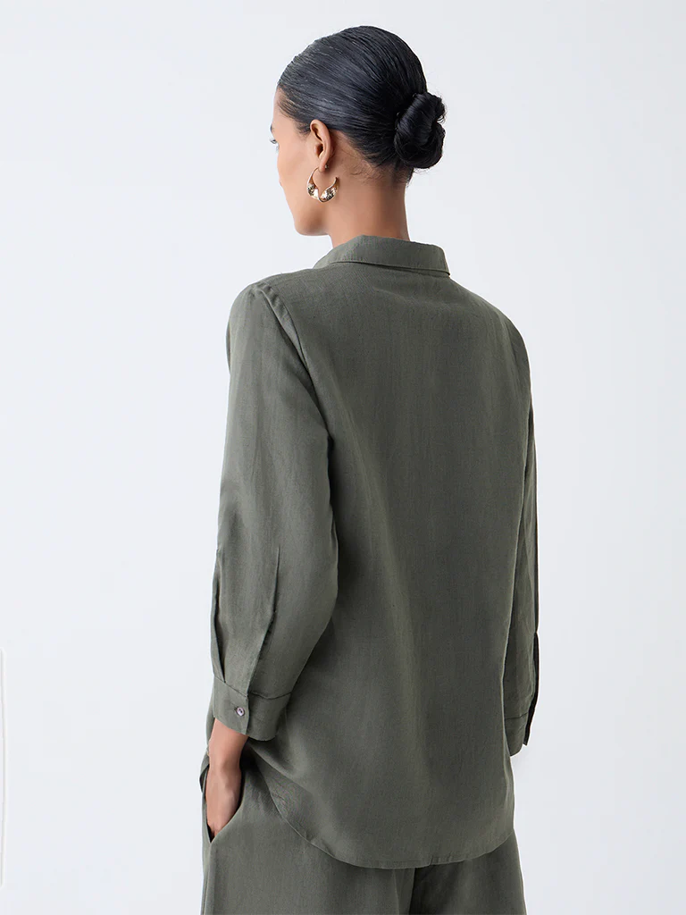 Zuba Olive Floral Embroidered Linen-Blend Tunic - Image 4