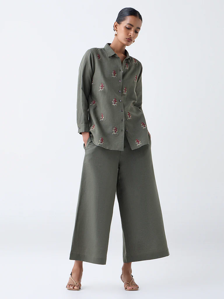 Zuba Olive Solid Linen-Blend Ethnic Pants - Image 2