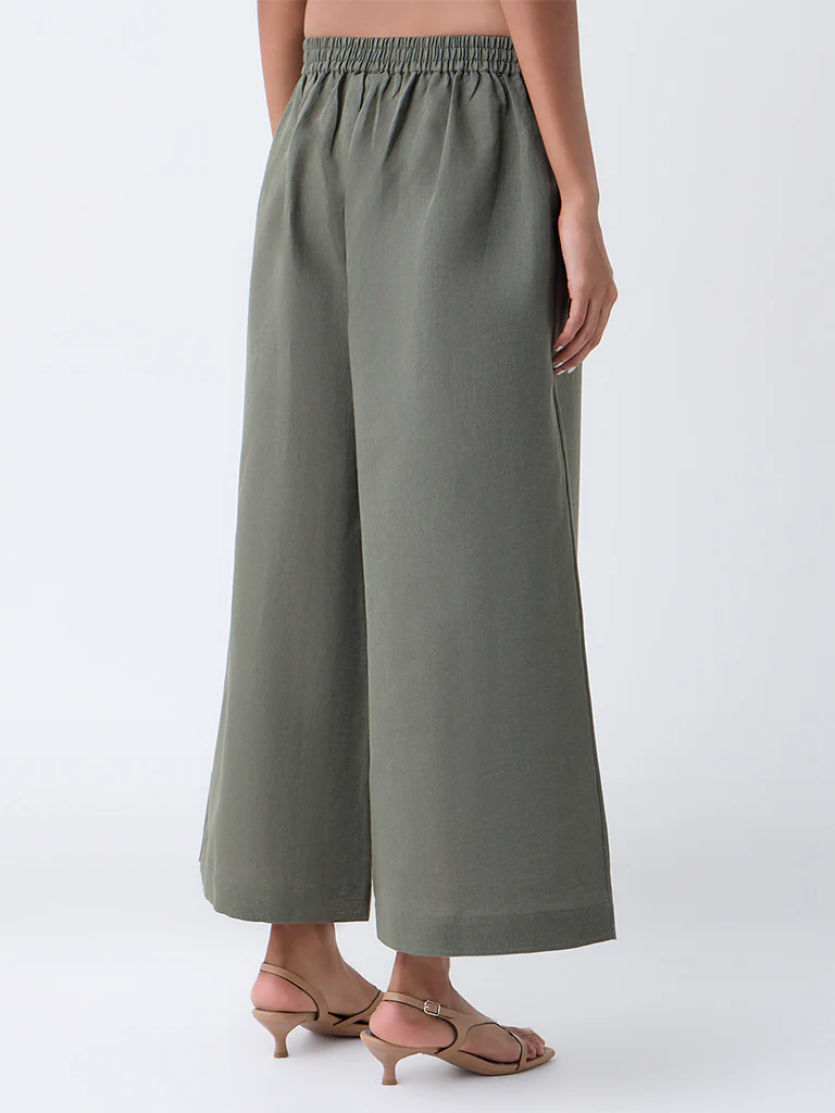 Zuba Olive Solid Linen-Blend Ethnic Pants - Image 4