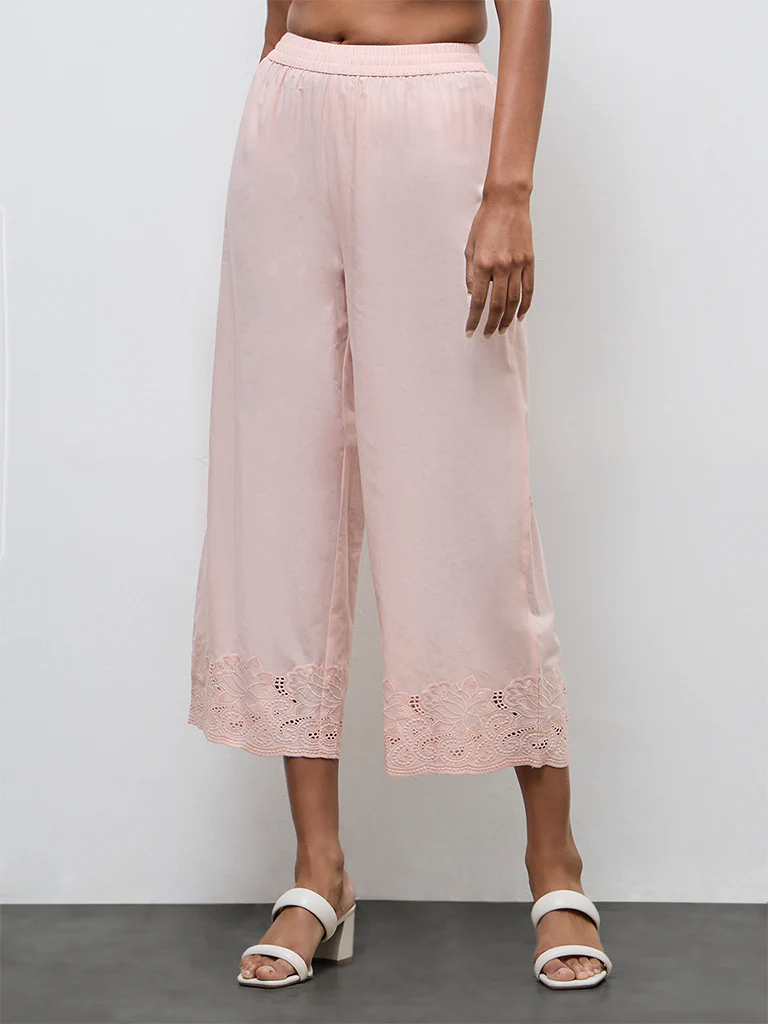 Zuba Peach Floral Embroidered Pants