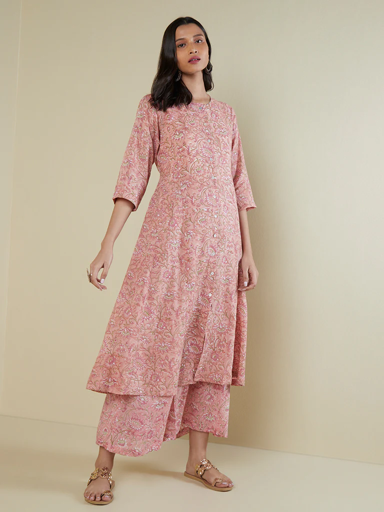 Zuba Peach Floral-Printed A-Line Kurta - Image 3