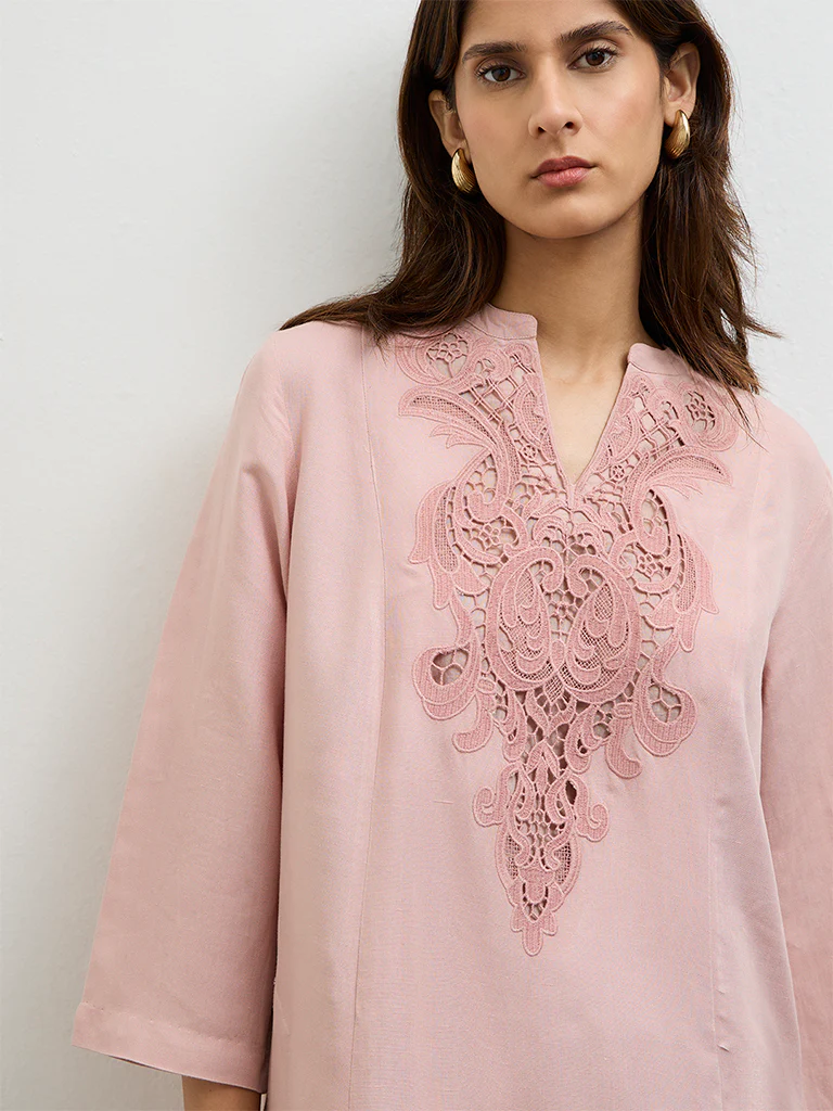 Zuba Pink Embroidered Cotton Linen A-Line Kurta - Image 3