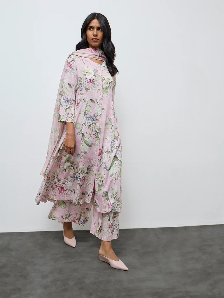 Zuba Pink Floral A-Line Kurta - Image 2