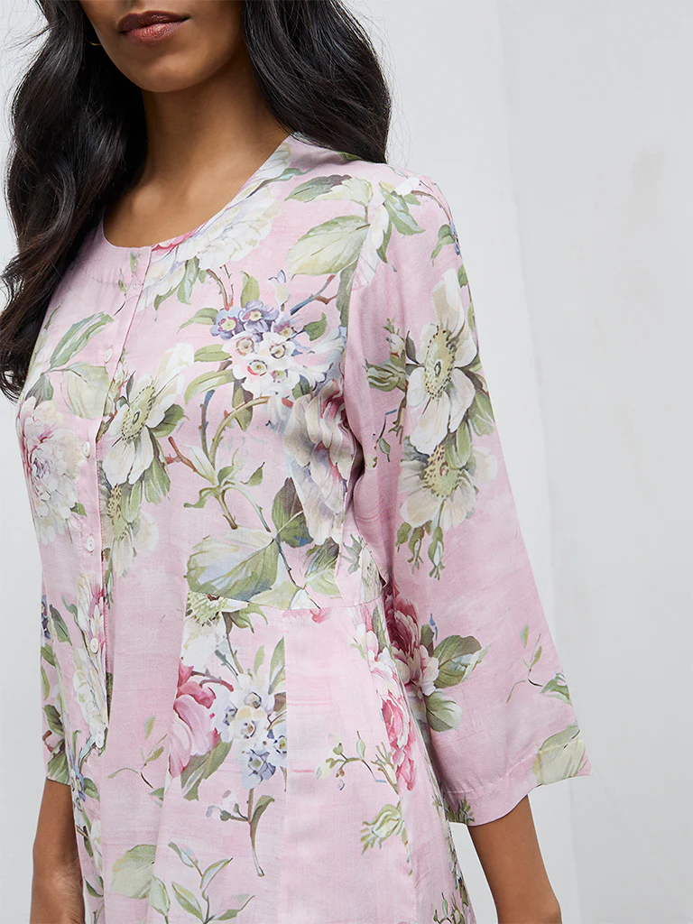 Zuba Pink Floral A-Line Kurta - Image 3