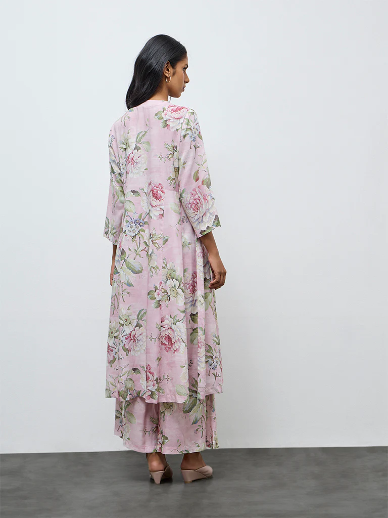 Zuba Pink Floral A-Line Kurta - Image 4