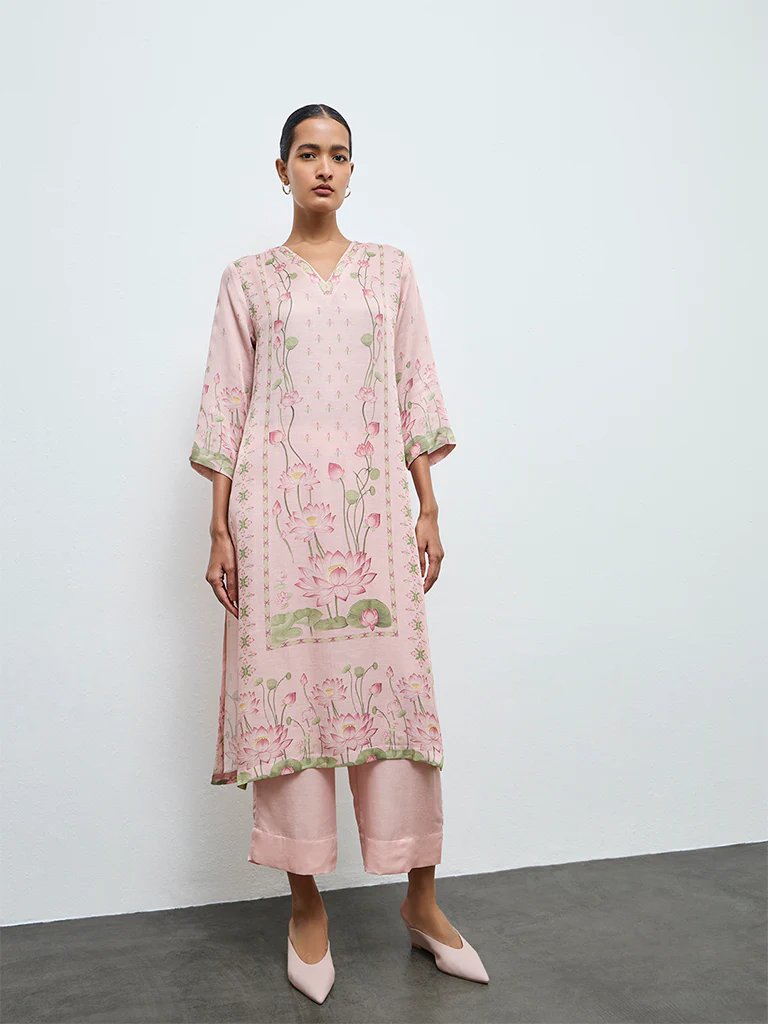 Zuba Pink Floral Pattern A-Line Kurta