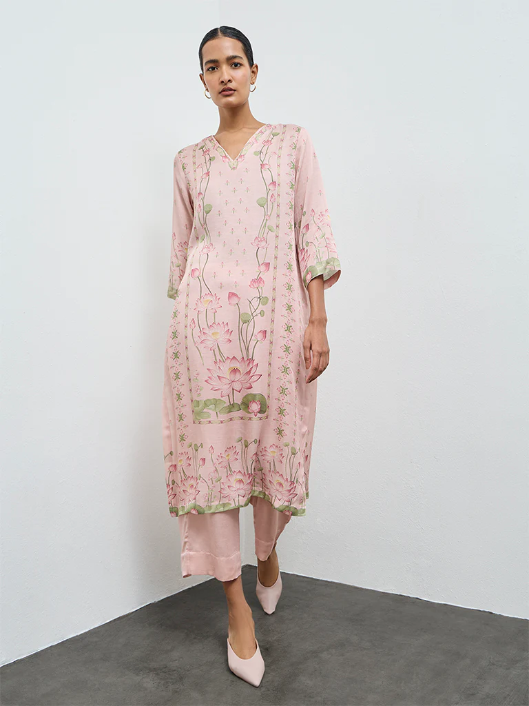 Zuba Pink Floral Pattern A-Line Kurta - Image 2