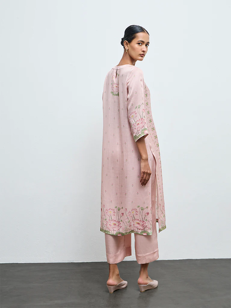 Zuba Pink Floral Pattern A-Line Kurta - Image 4