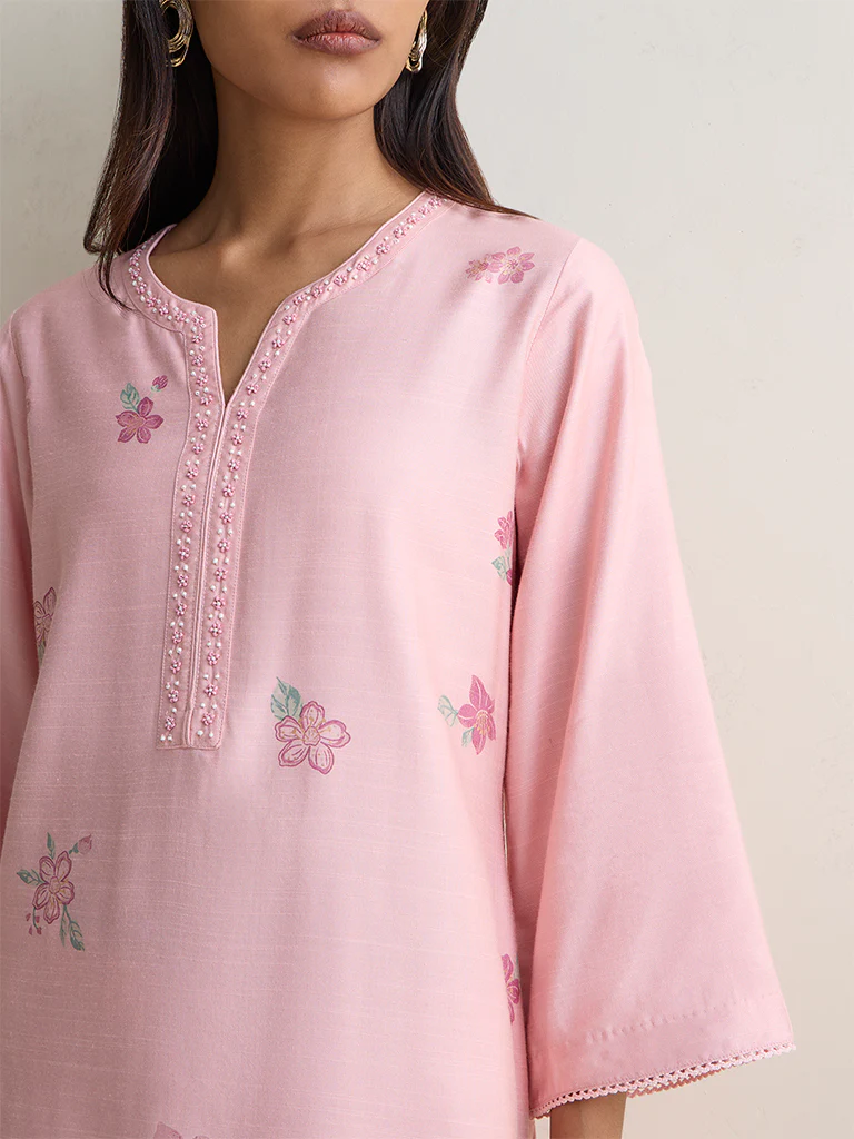 Zuba Pink Floral Pattern A-Line Kurta - Image 3
