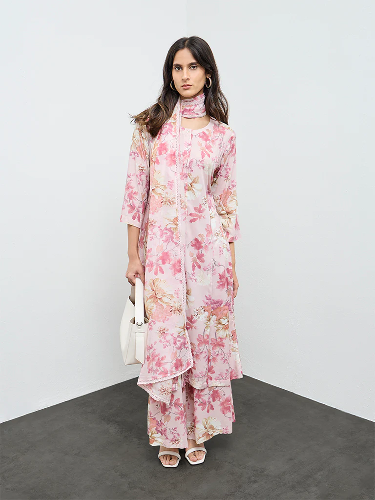 Zuba Pink Floral Pattern Cotton-Blend Dupatta - Image 2