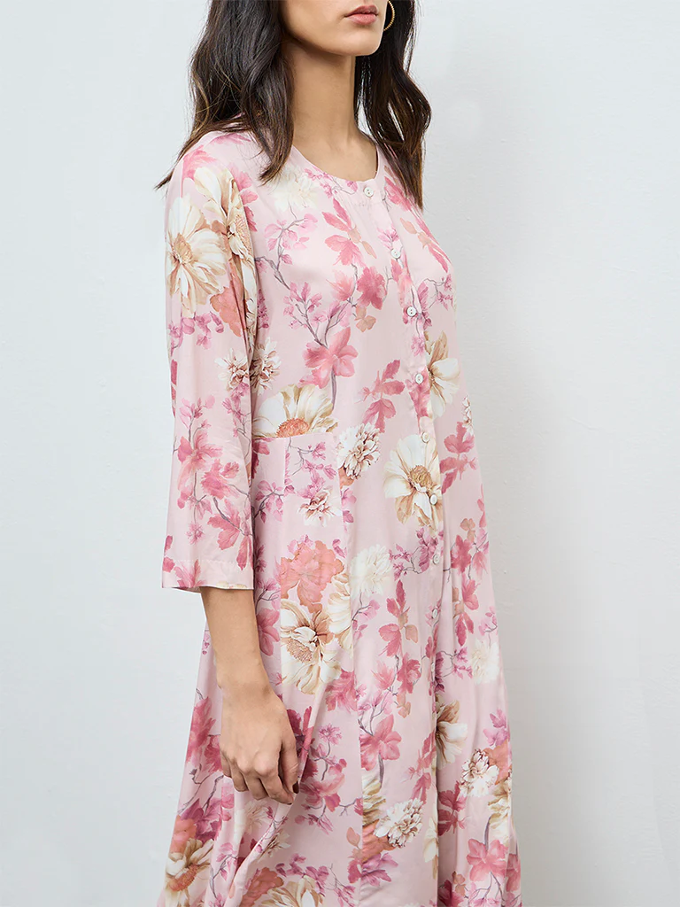 Zuba Pink Floral Printed A-Line Kurta - Image 3