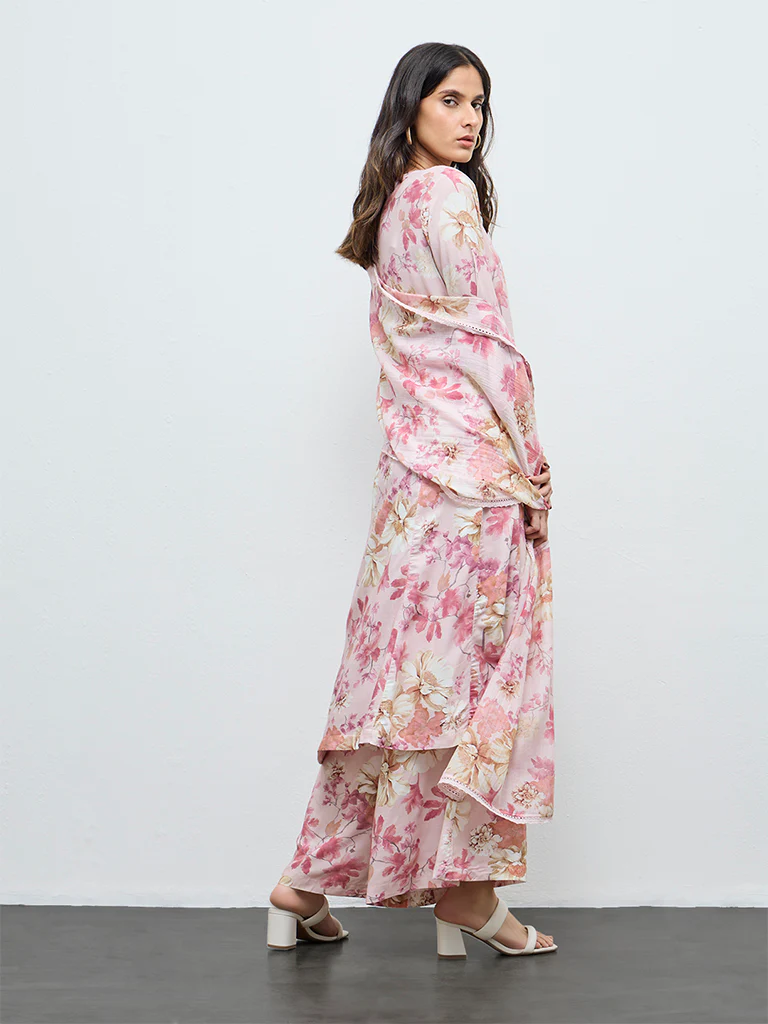 Zuba Pink Floral Printed A-Line Kurta - Image 4