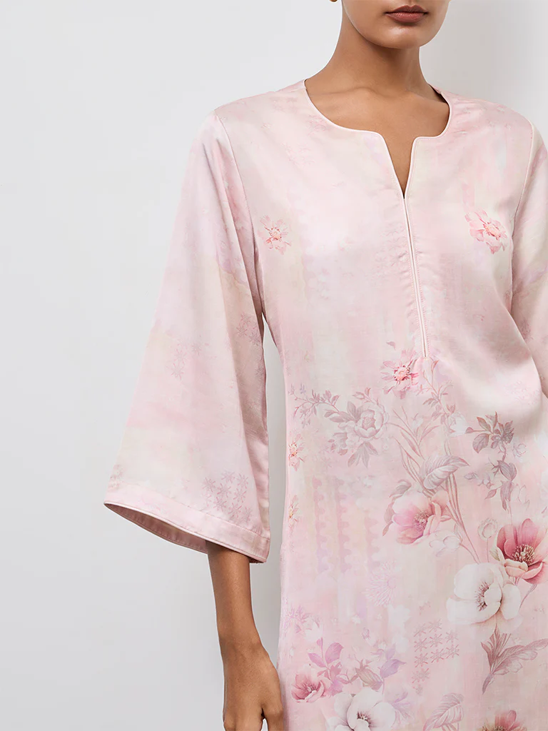 Zuba Pink Floral Printed A-Line Kurta - Image 3