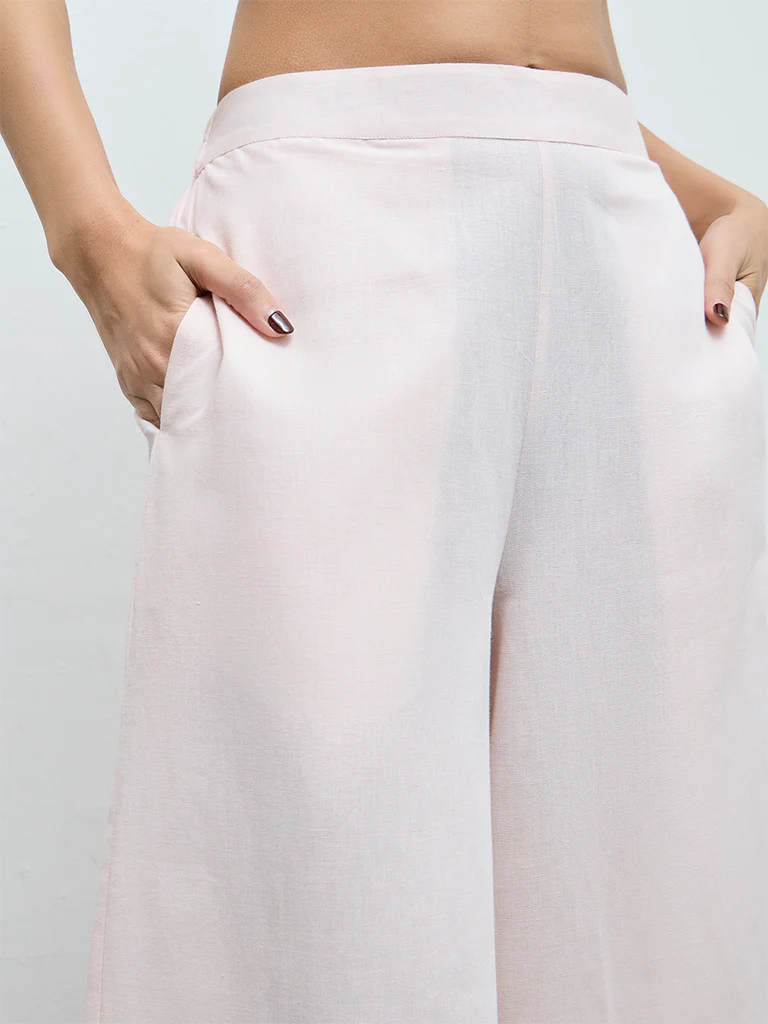 Zuba Pink Solid Cotton-Blend Palazzos - Image 3