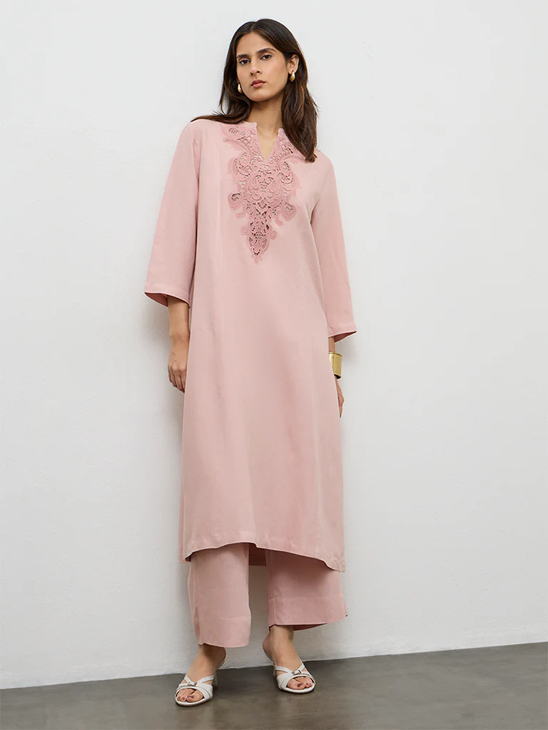 Zuba Pink Solid Cotton Linen Pants - Image 2