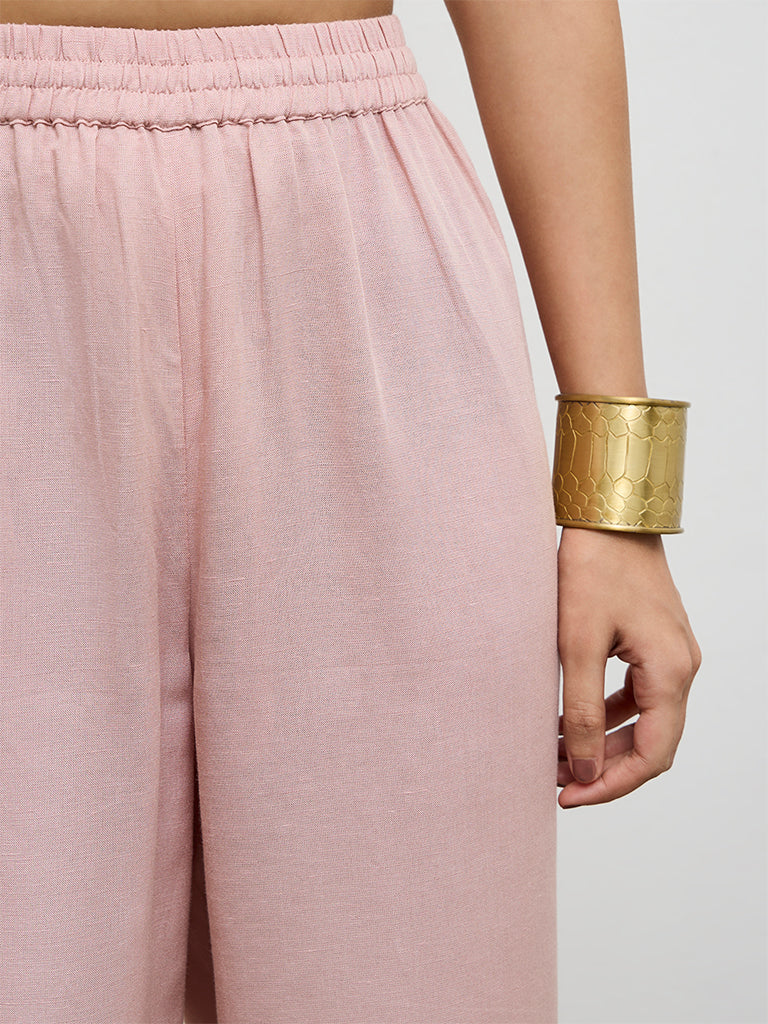 Zuba Pink Solid Cotton Linen Pants - Image 3