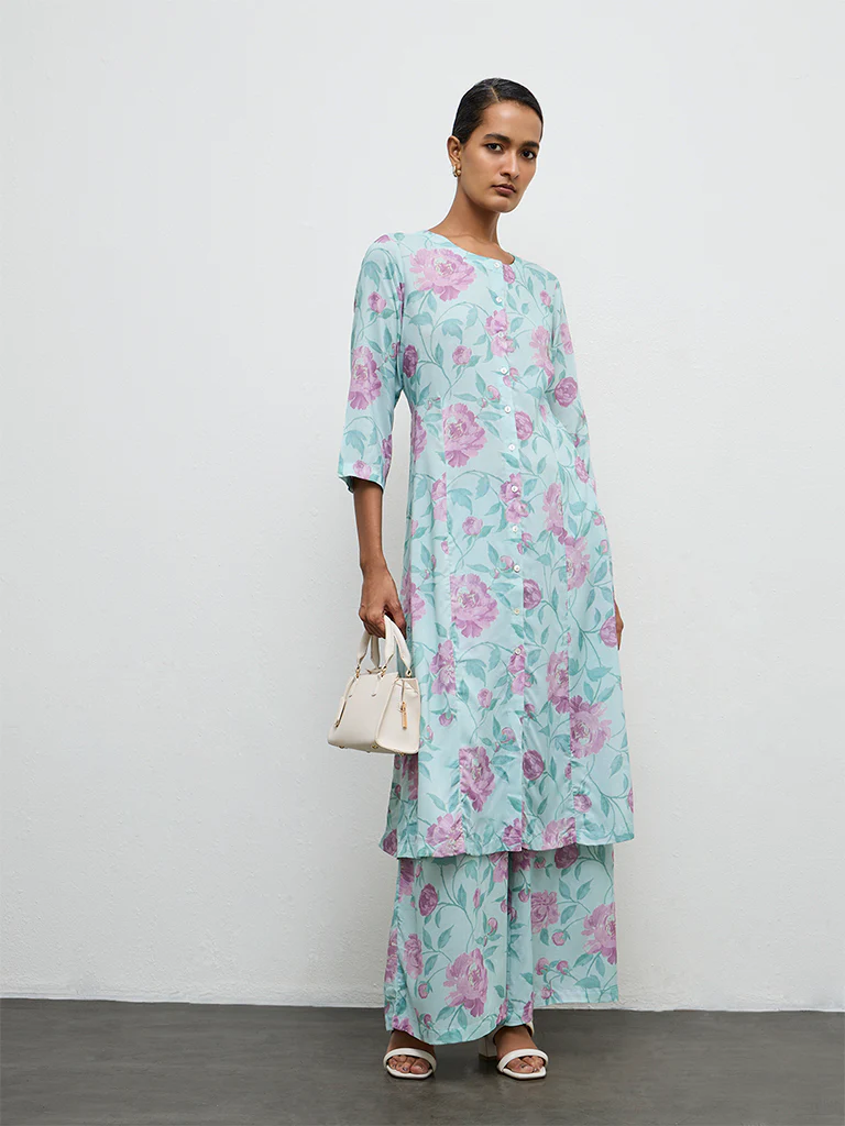 Zuba Sea Green Floral Printed Palazzos - Image 2