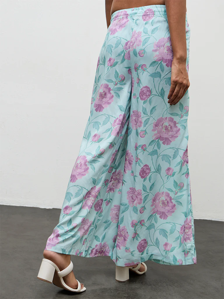 Zuba Sea Green Floral Printed Palazzos - Image 4