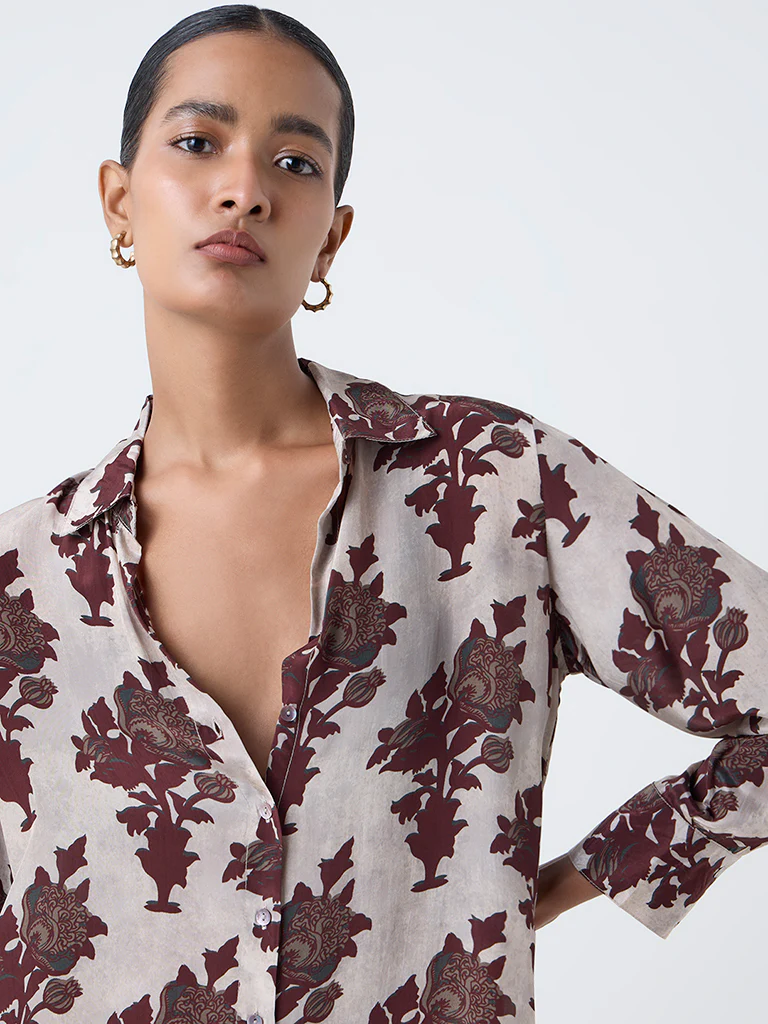 Zuba Taupe Floral Design Tunic - Image 3