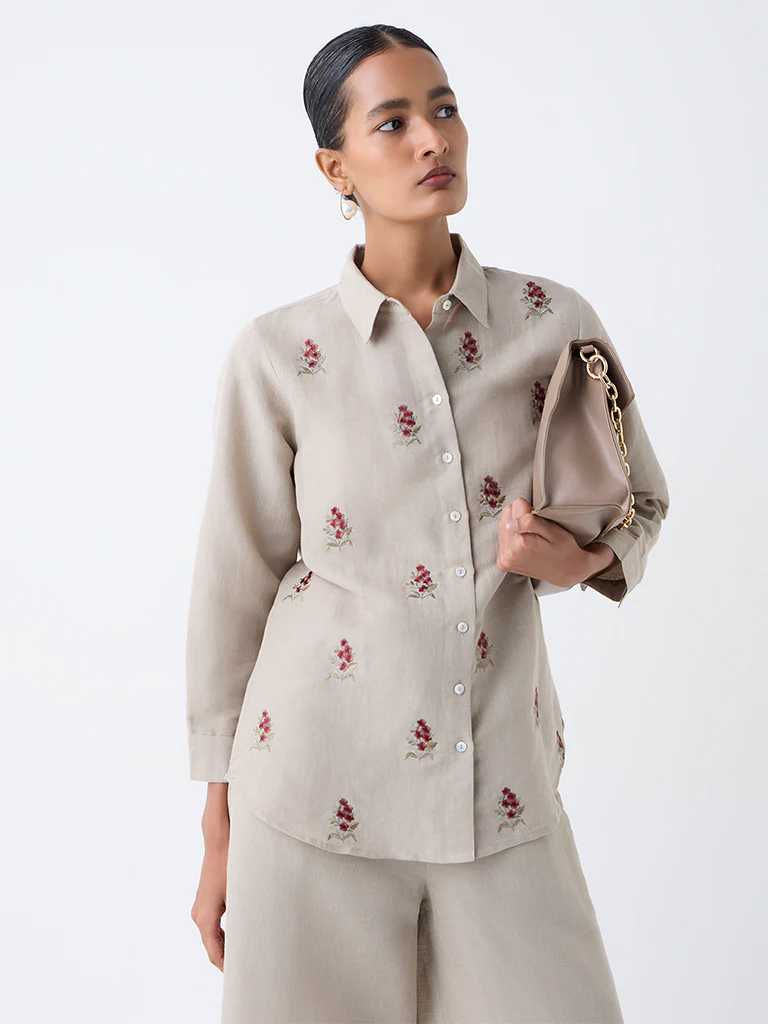 Zuba Taupe Floral Embroidered Linen-Blend Tunic - Image 2